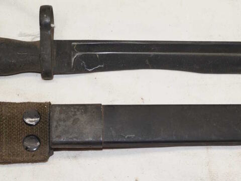 M1969 CETME bolo bayonet with scabbard and integral frog.