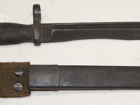 M1969 CETME bolo bayonet with scabbard and integral frog.