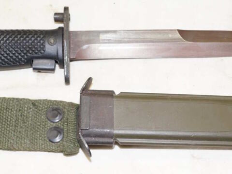 Haitian contract M5A1 bayonet with scabbard and leg tie.