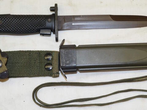 Haitian contract M5A1 bayonet with scabbard and leg tie.
