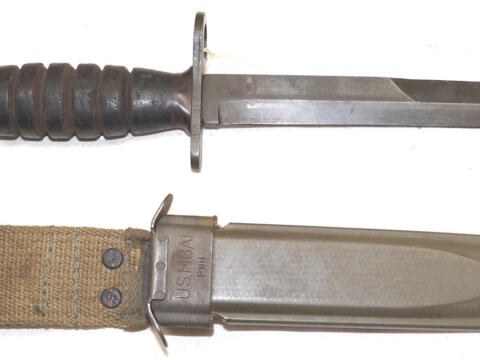 M4 leather grip bayonet with M8A1 scabbard.