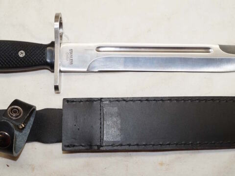Chinese commercial M16 Stainless Steel bayonet with leather sheath.