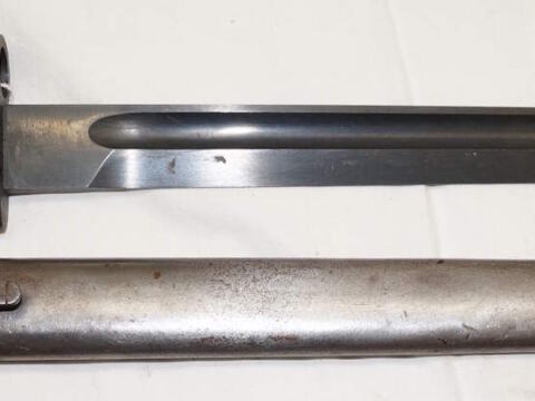 Chinese made FN1924 long bayonet with beaten up Belgian scabbard.